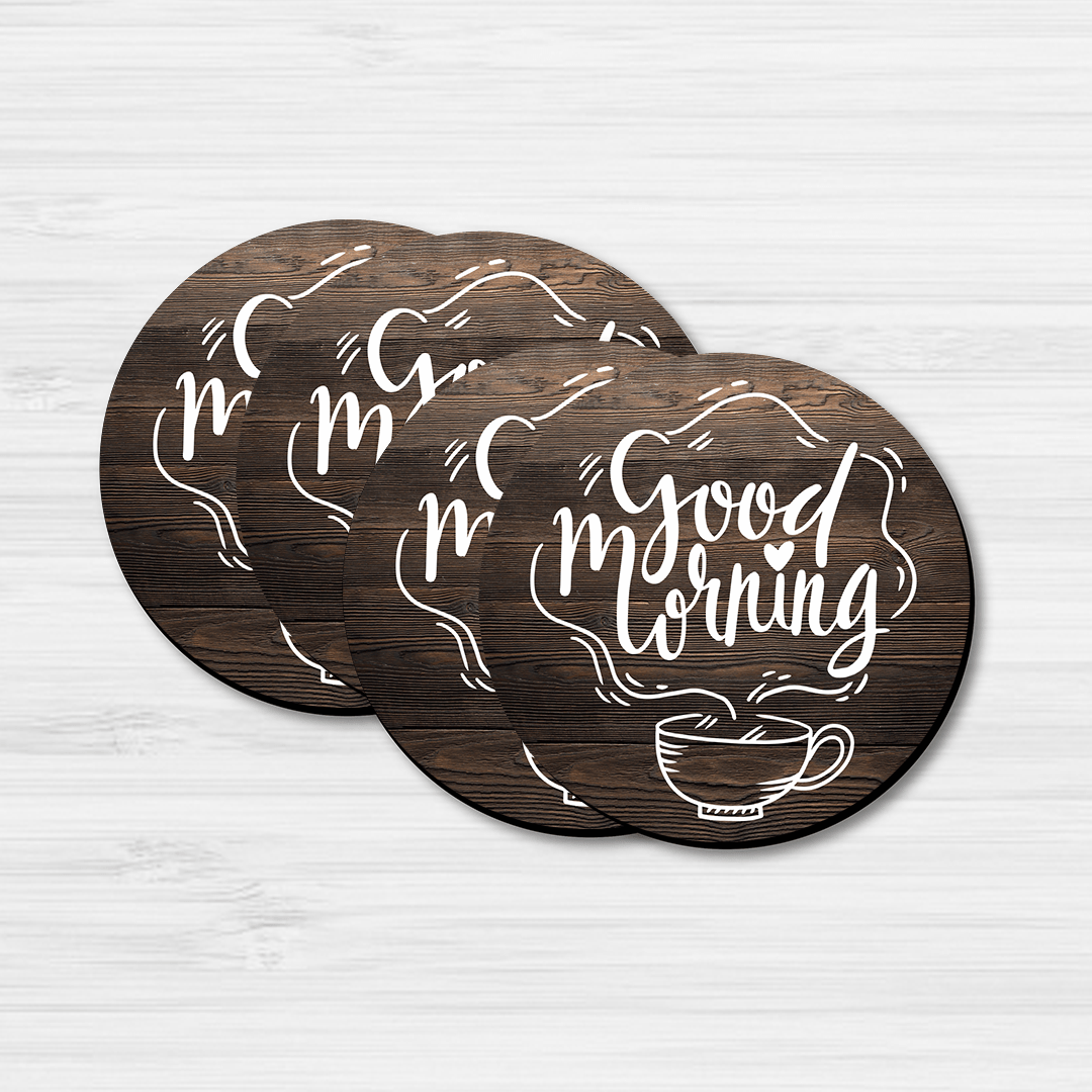 Wooden Texture Good Morning Design Round Coaster