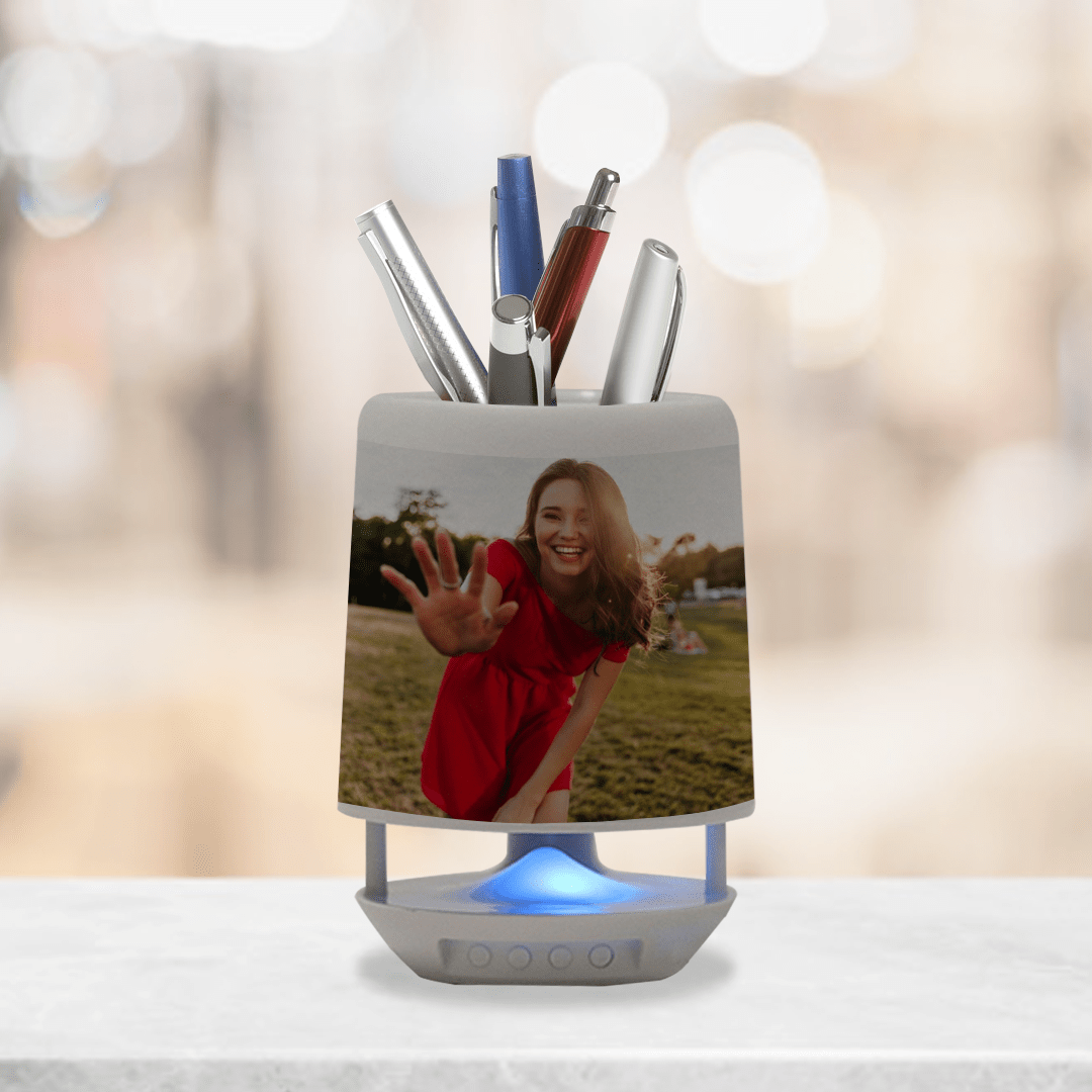 Personalized LED Bluetooth Speaker With Pen Stand In White Color