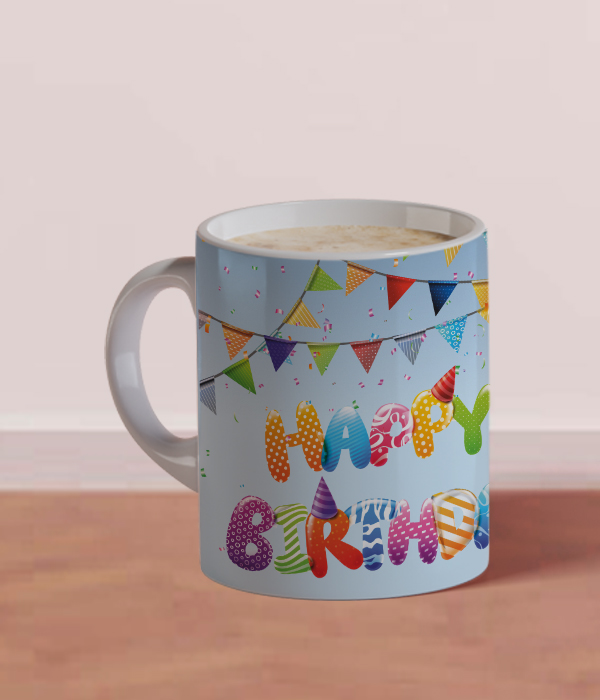 Light Blue Happy Birthday Design White Mug